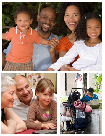 Collage of an African-American family, a little girl using a computer with her grandparents' help, and a homeless person.